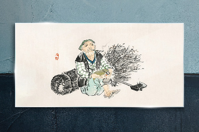 Schilderij op glas Oude man met een bezem