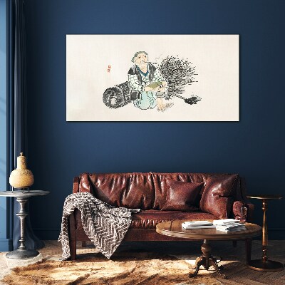 Schilderij op glas Oude man met een bezem