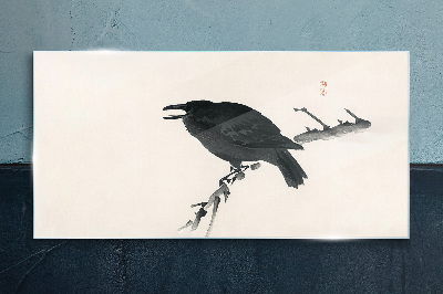 Glas foto Zwarte raaf op een tak