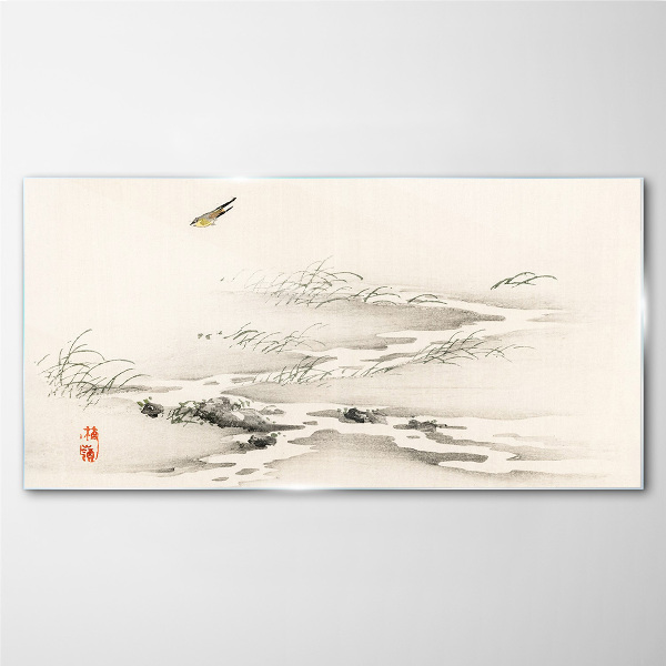 Foto op glas Een vredig landschap met een vogel