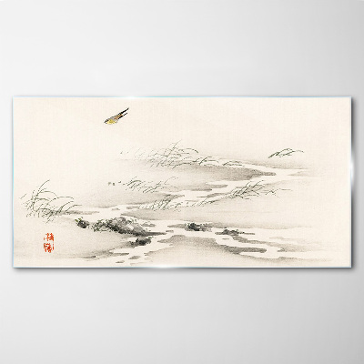 Foto op glas Een vredig landschap met een vogel