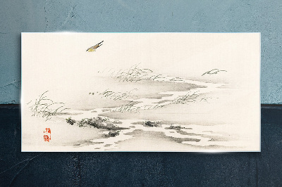 Foto op glas Een vredig landschap met een vogel