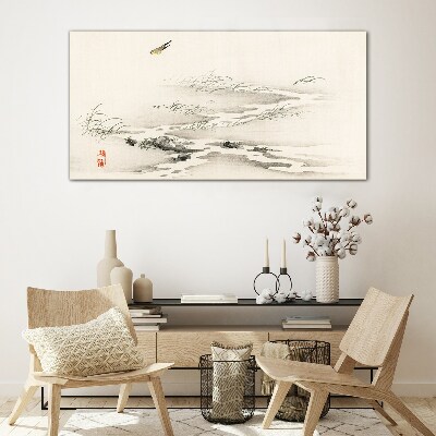 Foto op glas Een vredig landschap met een vogel