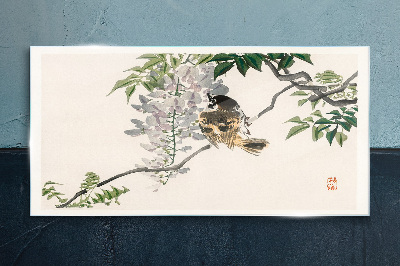 Glas foto Een gevleugelde vriend op een tak