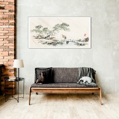 Foto op glas Een vredig landschap met een brug