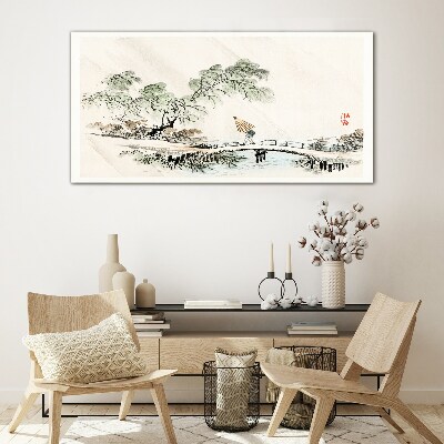 Foto op glas Een vredig landschap met een brug