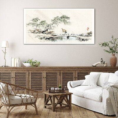 Foto op glas Een vredig landschap met een brug