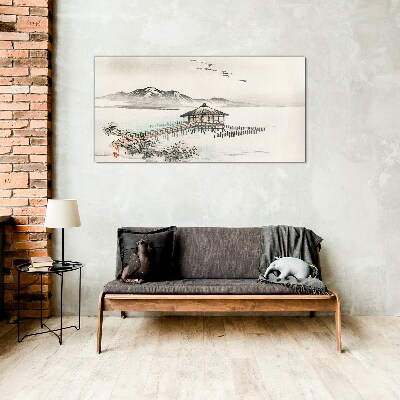 Schilderij op glas Een vredig landschap aan het water