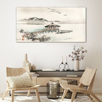 Schilderij op glas Een vredig landschap aan het water