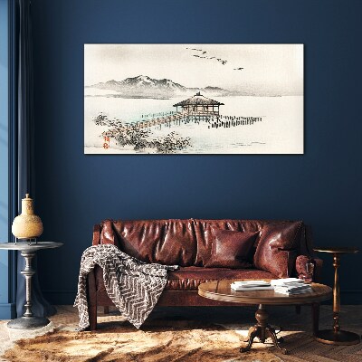 Schilderij op glas Een vredig landschap aan het water