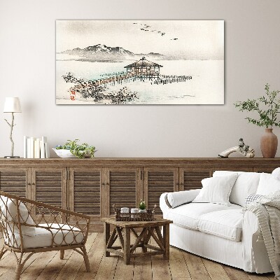 Schilderij op glas Een vredig landschap aan het water