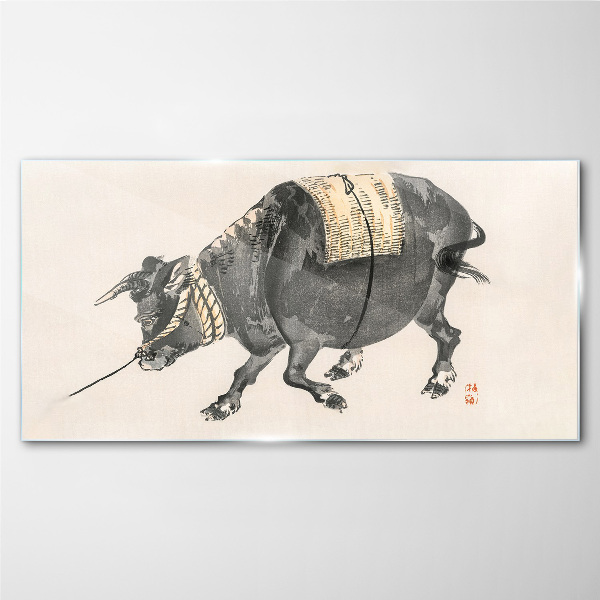 Foto op glas Gehoornde koe in beweging