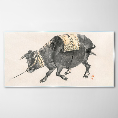 Foto op glas Gehoornde koe in beweging