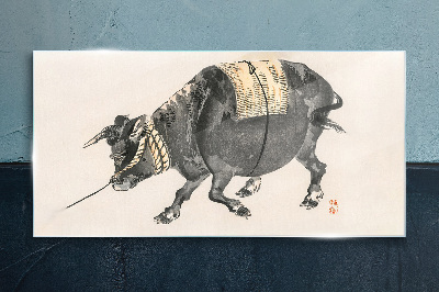 Foto op glas Gehoornde koe in beweging