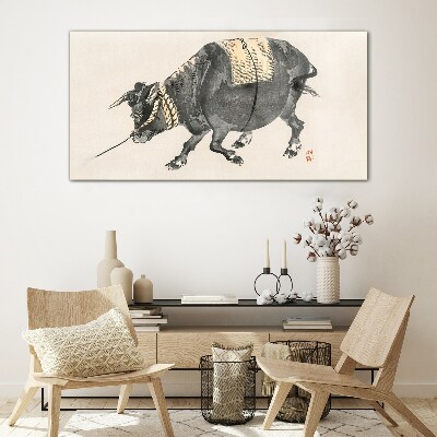 Foto op glas Gehoornde koe in beweging