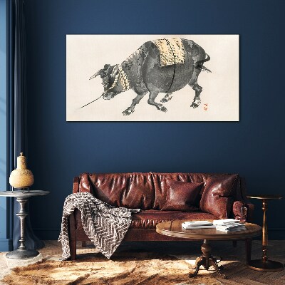 Foto op glas Gehoornde koe in beweging