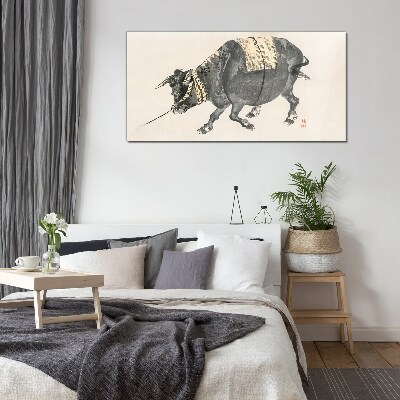 Foto op glas Gehoornde koe in beweging