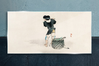 Glas foto Jongen met een mand