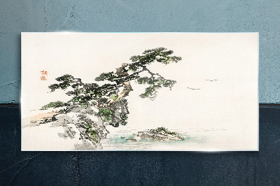 Schilderij op glas Een vredig landschap met een pijnboom