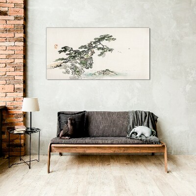 Schilderij op glas Een vredig landschap met een pijnboom