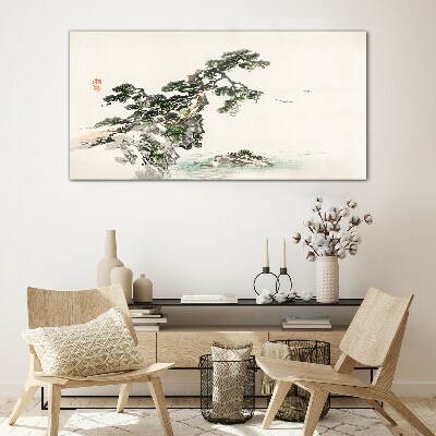 Schilderij op glas Een vredig landschap met een pijnboom