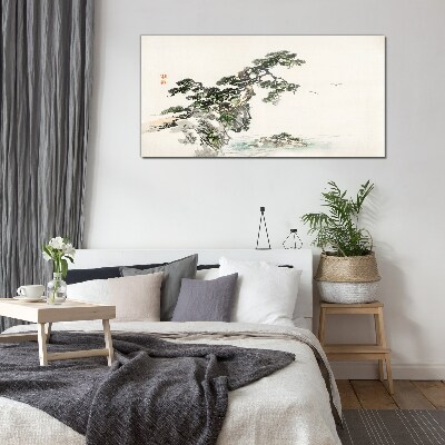 Schilderij op glas Een vredig landschap met een pijnboom