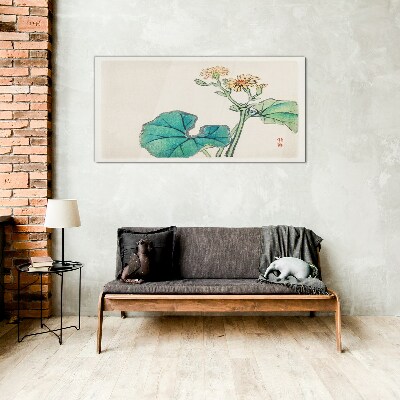 Foto op glas Lotusbloemen en bladeren