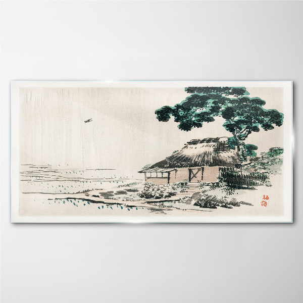 Foto op glas Een rustig landhuisje aan het meer