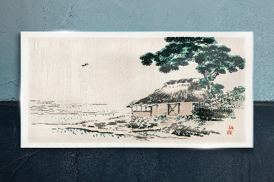 Foto op glas Een rustig landhuisje aan het meer