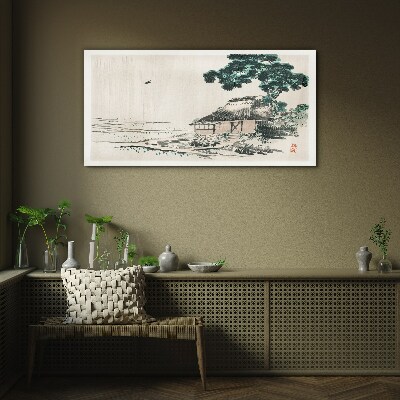 Foto op glas Een rustig landhuisje aan het meer