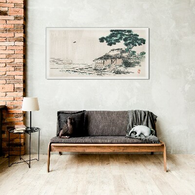 Foto op glas Een rustig landhuisje aan het meer