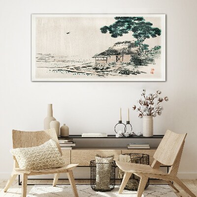 Foto op glas Een rustig landhuisje aan het meer