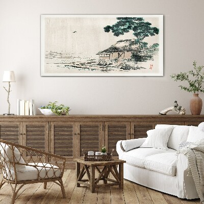 Foto op glas Een rustig landhuisje aan het meer