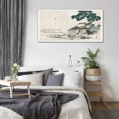 Foto op glas Een rustig landhuisje aan het meer