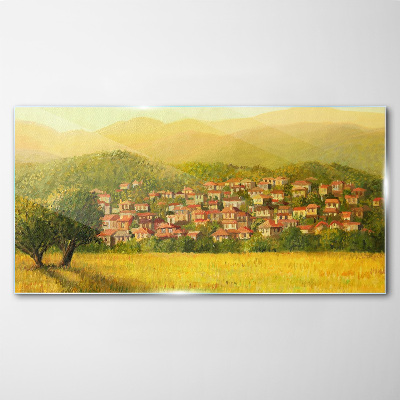Foto op glas Een zonnig dorp tussen de heuvels