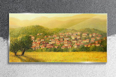 Foto op glas Een zonnig dorp tussen de heuvels