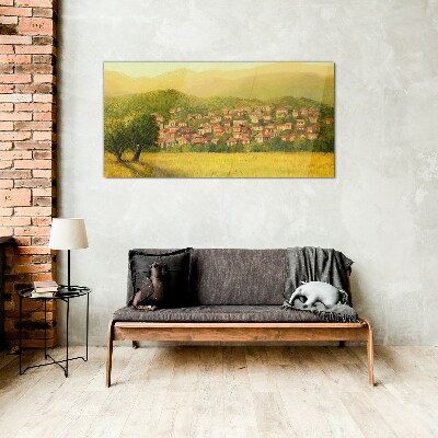 Foto op glas Een zonnig dorp tussen de heuvels