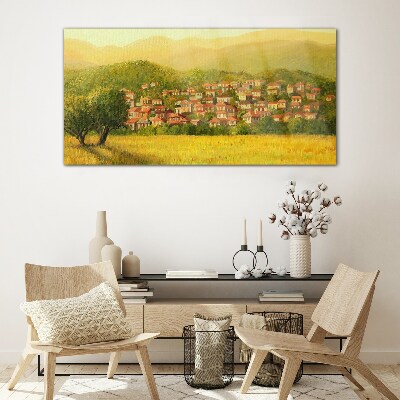 Foto op glas Een zonnig dorp tussen de heuvels