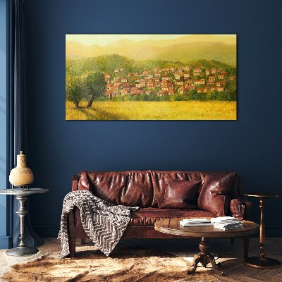 Foto op glas Een zonnig dorp tussen de heuvels
