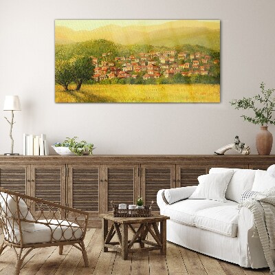 Foto op glas Een zonnig dorp tussen de heuvels