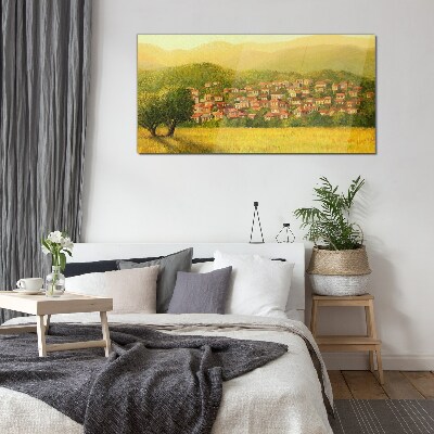 Foto op glas Een zonnig dorp tussen de heuvels