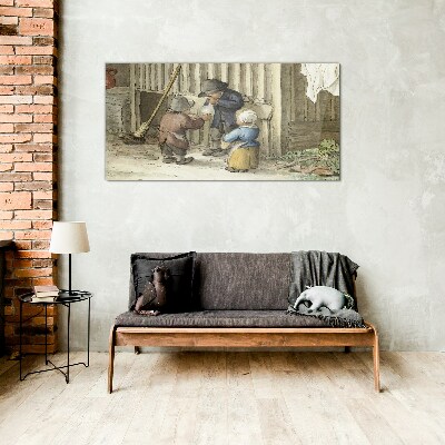 Schilderij op glas Kinderen spelen in de schuur