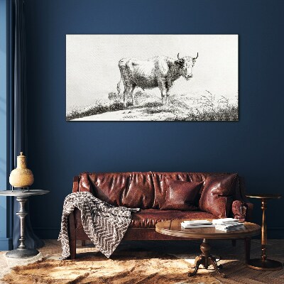 Schilderij op glas Zwarte koe in de weide