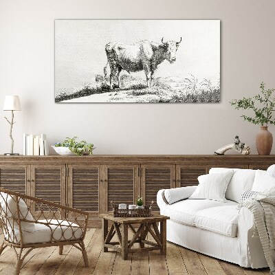 Schilderij op glas Zwarte koe in de weide