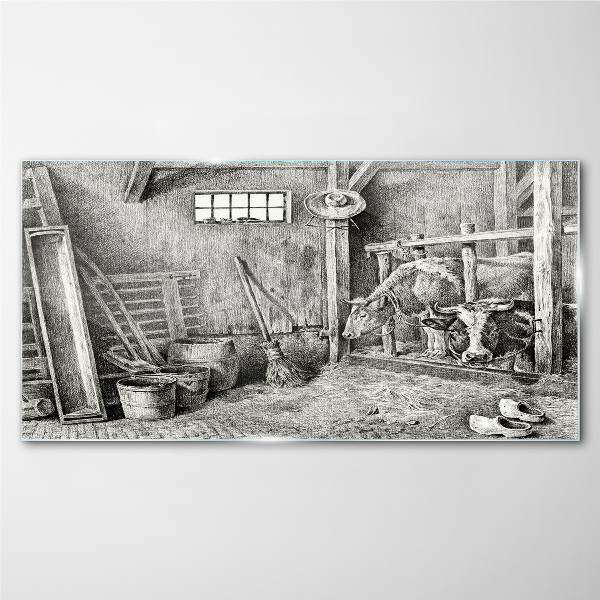 Glas foto Een hok met koeien en gereedschap