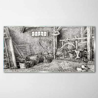 Glas foto Een hok met koeien en gereedschap
