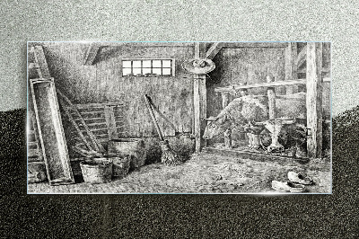 Glas foto Een hok met koeien en gereedschap