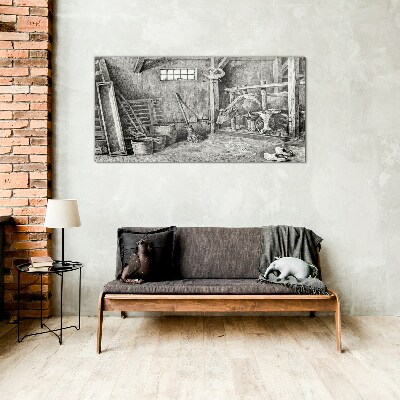 Glas foto Een hok met koeien en gereedschap
