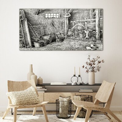 Glas foto Een hok met koeien en gereedschap