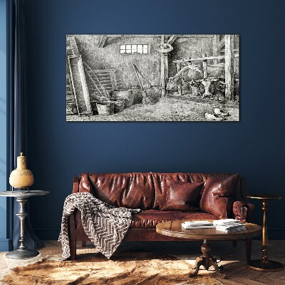 Glas foto Een hok met koeien en gereedschap